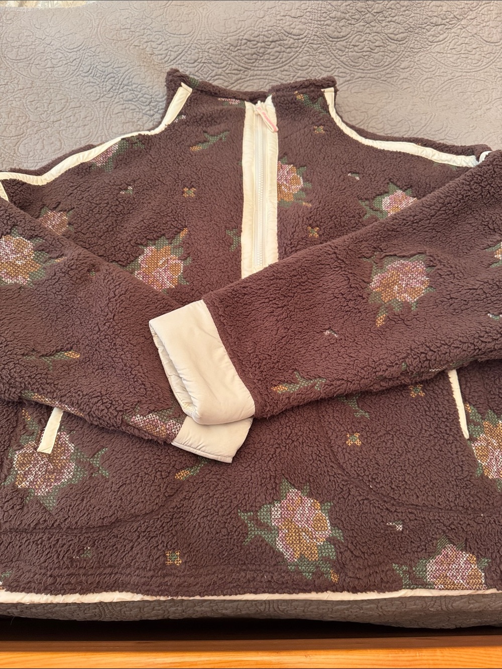 Free People Brown Floral Teddy Jacket with Cream Trim